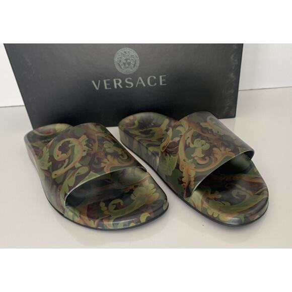 Versace Baroccoflage Slides Sandals Khaki 8 US (41 Euro) IT DSU6516 NIB $395 - Picture 1 of 11
